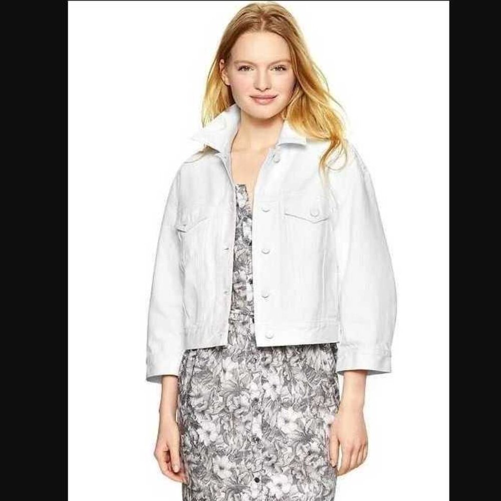 New (w flaw) S Tall Gap 1969 white denim cropped sleeve denim jean jacket